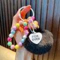 Cute colorful beaded keychain with fluffy black fur pom-pom and 'FOR EVER' heart charm - Black (Random Beads Tag)