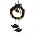 Handmade Halloween rattan wreath featuring metal bell colorful spiders and black bat hangings - Style A (Spider Pumpkin Bow) / 12cm