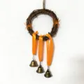 Rustic Halloween twig wreath featuring orange spiders and three hanging metallic bells decoration - Style B (Spider Chime) / 12cm