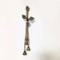 Vintage brass-colored Christmas bells hanging on a jute rope with holly leaf decoration - Christmas Decor Style (Style 3)