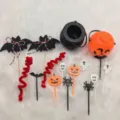 Detailed set of Halloween plastic cake toppers including bats, ghosts, and buckets - Approx. 15 Pcs Set / Full Set