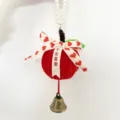 Handmade red corduroy apple ornament with pearl string handle, heart bow and brass bell - Apple Pendant