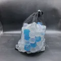Reusable blue and white plastic ice cubes for drinks in a black mesh drawstring bag - 100 Pieces (30x25cm)