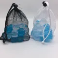 Reusable blue and white plastic ice cubes in black and white mesh drawstring bags - 24 Pieces (15x20cm)