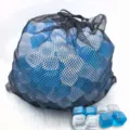 Reusable blue and white square plastic ice cubes in black mesh drawstring bag - 300 Pieces (34x34cm)