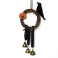 Halloween decorative vine wreath with black raven, pumpkin ornament and three bells - Style D (Raven Pumpkin Chime) / 12cm