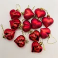 Macro view of 12PCS red heart-shaped hanging ornaments with shiny and matte finishes - Bagged (ai-Pieces/Pack) / Red (Shiny Matte)