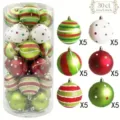 30-piece 6cm assorted Christmas ball ornament set in a clear barrel container - 30 Pieces Set (6cm) / Red Green & White (No.4)