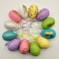 Set of 12 colorful painted plastic Easter eggs with gold patterns and hanging ribbons - Style H / 12 Pieces/Pack (6cm) / Rainbow (Bronzing)