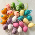 Colorful painted plastic Easter eggs with hanging ribbons in various assorted patterns - Style A / 24 Count (4cm)