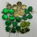 Set of 24 St. Patrick's Day clover and coin hanging ornaments in green and gold finish - Coin and Fruit Green Clover Style / Set of 24