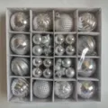 44-piece silver Christmas ornament set with assorted textures in white storage box - 44 Pieces / Silver
