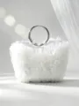 Elegant white ruffled tulle handbag with a sleek silver circular metal handle - White