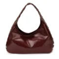 Glossy burgundy PU leather hobo shoulder bag with silver rivet studs punk style - Red (No Pendant)