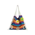 Hermoso bolso de hombro tejido a rayas arcoíris con apliques de flores 3D y flecos - Blanco Roto