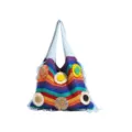 Bolso de ganchillo artesanal a rayas arcoíris con aplicaciones florales para vacaciones - Azul