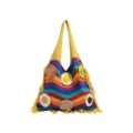 Bolso de playa de ganchillo a rayas arcoíris con flores 3D y borlas amarillas artesanal - Amarillo