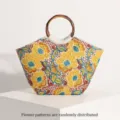 Elegante borsa tote da spiaggia con ricamo floreale giallo e manico in vero bambù - Manico Tondo in Bambù / Pizzo a Fiori Gialli Vintage