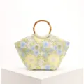Elegante Stickerei-Blumentasche mit natürlichem Bambusgriff für den Strandurlaub - Bambus-Rundgriff / Grüne Blumen Spitze