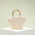 Elegante Strandtasche mit Paillettenblumen-Applikationen und echtem Bambusgriff - Bambus-Rundgriff / Beige Kleine Trauben-Pailletten