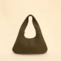 Close-up of a dark olive green retro crescent bag featuring elegant quilted stitching details - Coffee