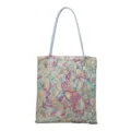 Geometric embroidered sequin shoulder bag with colorful pattern and blue straps. - Geometric Blue