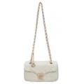 White quilted chain shoulder bag with diamond stitching and flower charm detail. - Off White