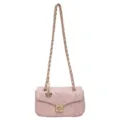 Stylish pink quilted oil leather flap shoulder bag featuring gold chain and camellia charm - Pink