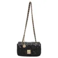 Classic black quilted oil leather crossbody bag with chain strap and gold hardware - Black