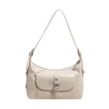 Vintage cream oil-wax leather shoulder bag featuring unique front pocket and buckle design - White