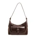 Retro oil wax leather underarm shoulder bag with buckle pocket in dark brown finish. - Coffee