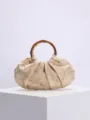 Retro pleated satin handbag with natural bamboo ring handle, delicate floral embroidery detail. - Khaki