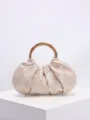 Chinese vintage bamboo handle handbag, pleated fabric floral pattern evening bag for women. - Pink