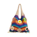 Bolso de hombro tejido a rayas arcoíris con apliques florales 3D para la playa - Caqui
