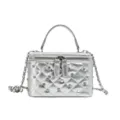 Stylish silver quilted box handbag with elegant pearl and rhinestone embellishments. - L / Silver