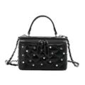 Elegant black quilted vanity box bag featuring pearls and rhinestones with a metallic chain strap - L / Black
