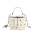 Elegant white quilted box bag featuring pearls and rhinestones with a metal chain strap - S / Beige