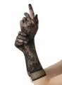 Detailed macro view showing the intricate rose pattern on black lace fishnet gloves - One Size / Black