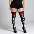 Medias altas de esqueleto para Halloween con estampado de rosas rojas en terciopelo - 1 par / Calcetines Sobre la Rodilla de Huesos y Rosas
