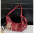 Red PU leather hobo shoulder bag, solid color crescent dumpling bag with knotted strap. - With Charm / Red