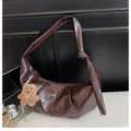 Dark brown glossy leather shoulder bag casual dumpling handbag with cute bear pendant - With Charm / Coffee