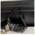 Black crinkled hobo shoulder bag, casual dumpling crossbody bag with cute bear charm. - With Charm / Black