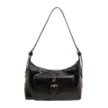 Chic retro black oil wax leather shoulder bag featuring a functional buckle front pocket - Black