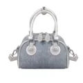Trendy denim bowling handbag featuring metallic silver handles and an adjustable shoulder strap - No Pendant / Silver