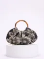 Detail view of vintage bamboo handle handbag, pleated fabric design for Chinese style outfit. - Black