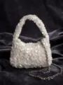 Elegant white sequin evening bag with metallic chain strap and beaded handle for women. - Beige Sequin Style (8019)