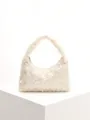 White sequin shoulder bag for women, elegant hobo evening handbag with zipper closure. - Cotton Handle Beige Small Sequin