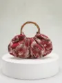 Retro red floral pleated handbag with natural bamboo handle, elegant Chinese style purse. - Burgundy