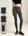 Slimming dark grey ribbed cotton leggings showing ankle stirrup and footed variations - Bottoms / Ankle-Length (130g) / Black Dark Grey