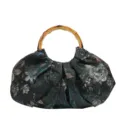 Vintage geplooide stoffen handtas met natuurlijk bamboe handvat en donker bloemenpatroon - Veelkleurig Groen